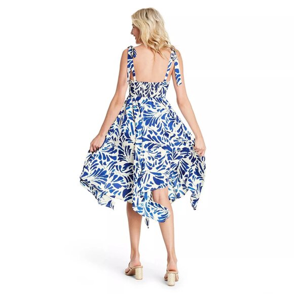 Alexis Target Floral Print A-Line Asymmetrical Midi Dress Blue White - Picture 3 of 8